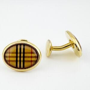 Vintage Plaid‎ Gold Tone Cufflinks Oval Button Style